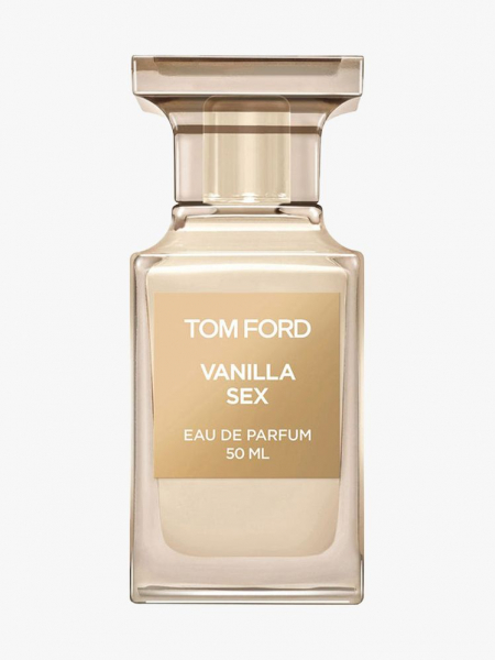 Tom Ford Vanilla Sex Eau de Parfum beige and gold bottle of perfume on light gray background